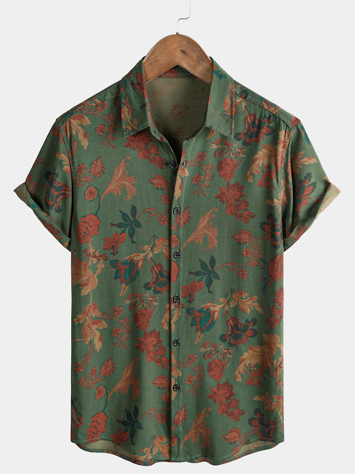 Herren Vintage-Stil mit Print und kurzen Ärmeln Sommerhemd Grün