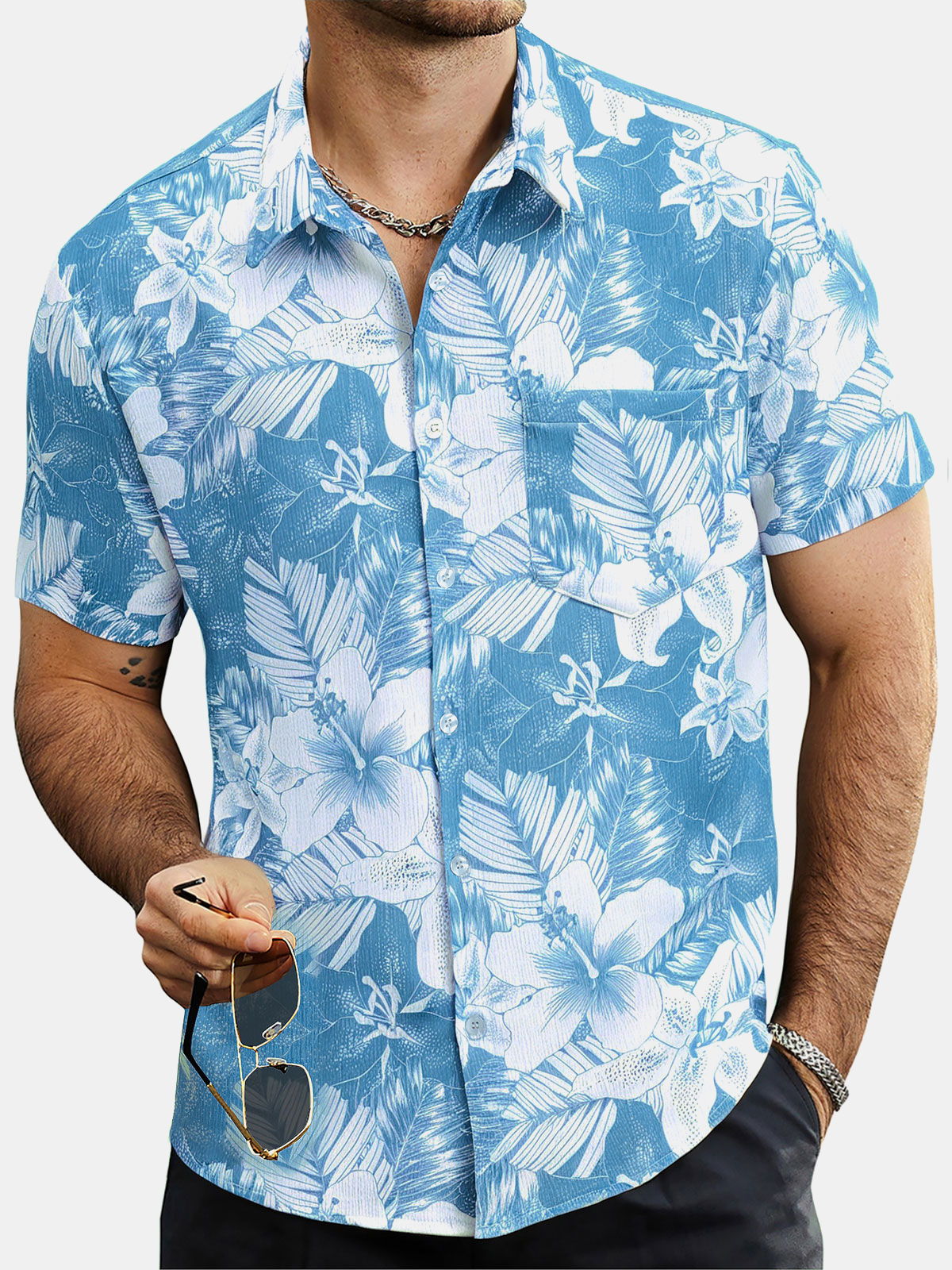Herren Tropischem Print Sommer Kurzen Ärmeln Blau Hemd