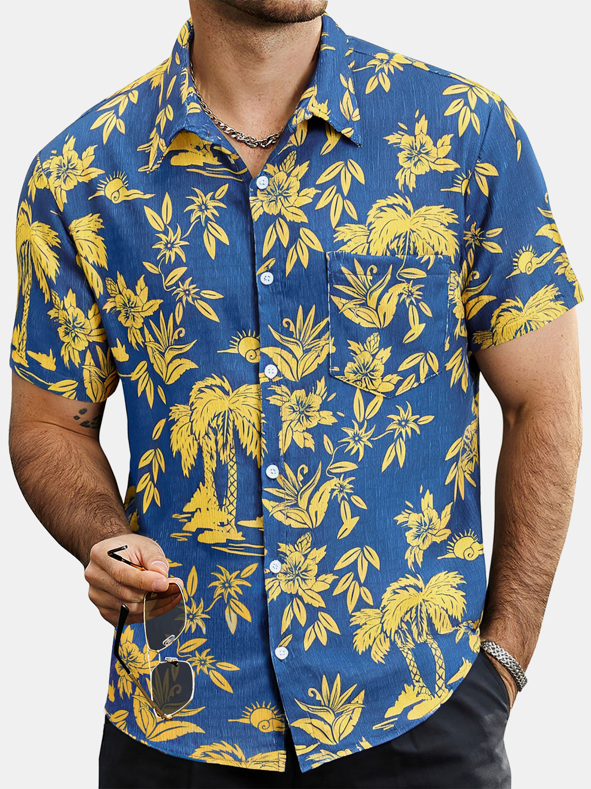 Herren Strandurlaub Tropischem Blumenmotiv Hawaiihemd