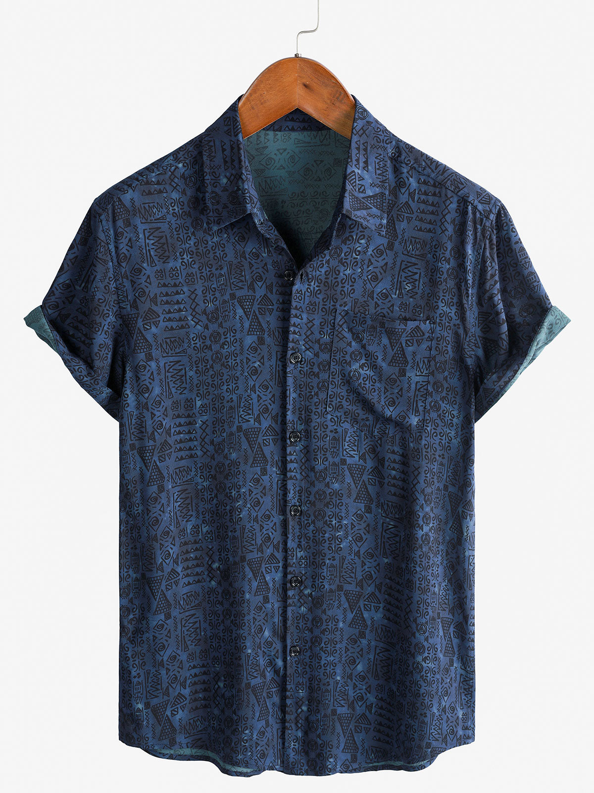 Herren Marineblau Geometrischem Tribal-Print Boho-Stil Kurzen Ärmeln Hemd