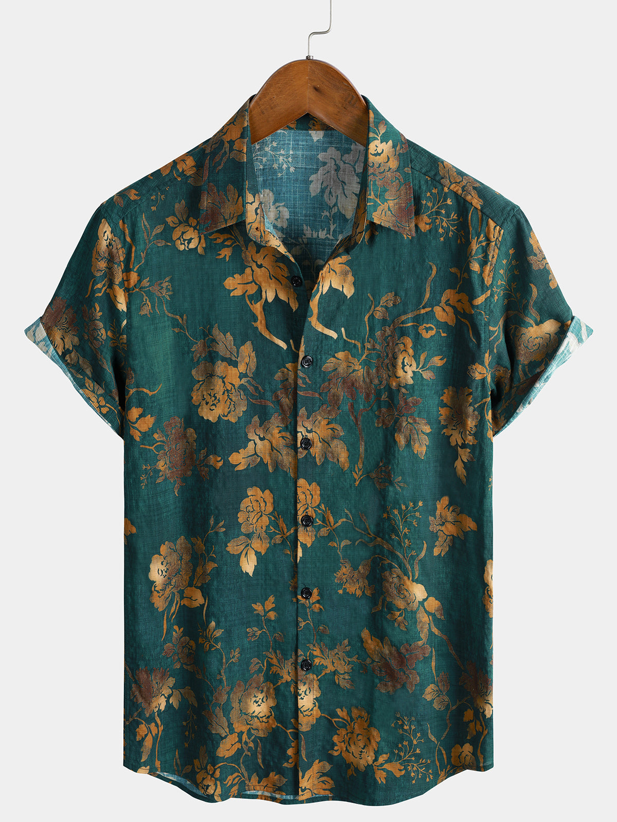 Herren Grün Baumwolle Hawaii-Stil Urlaubshemd