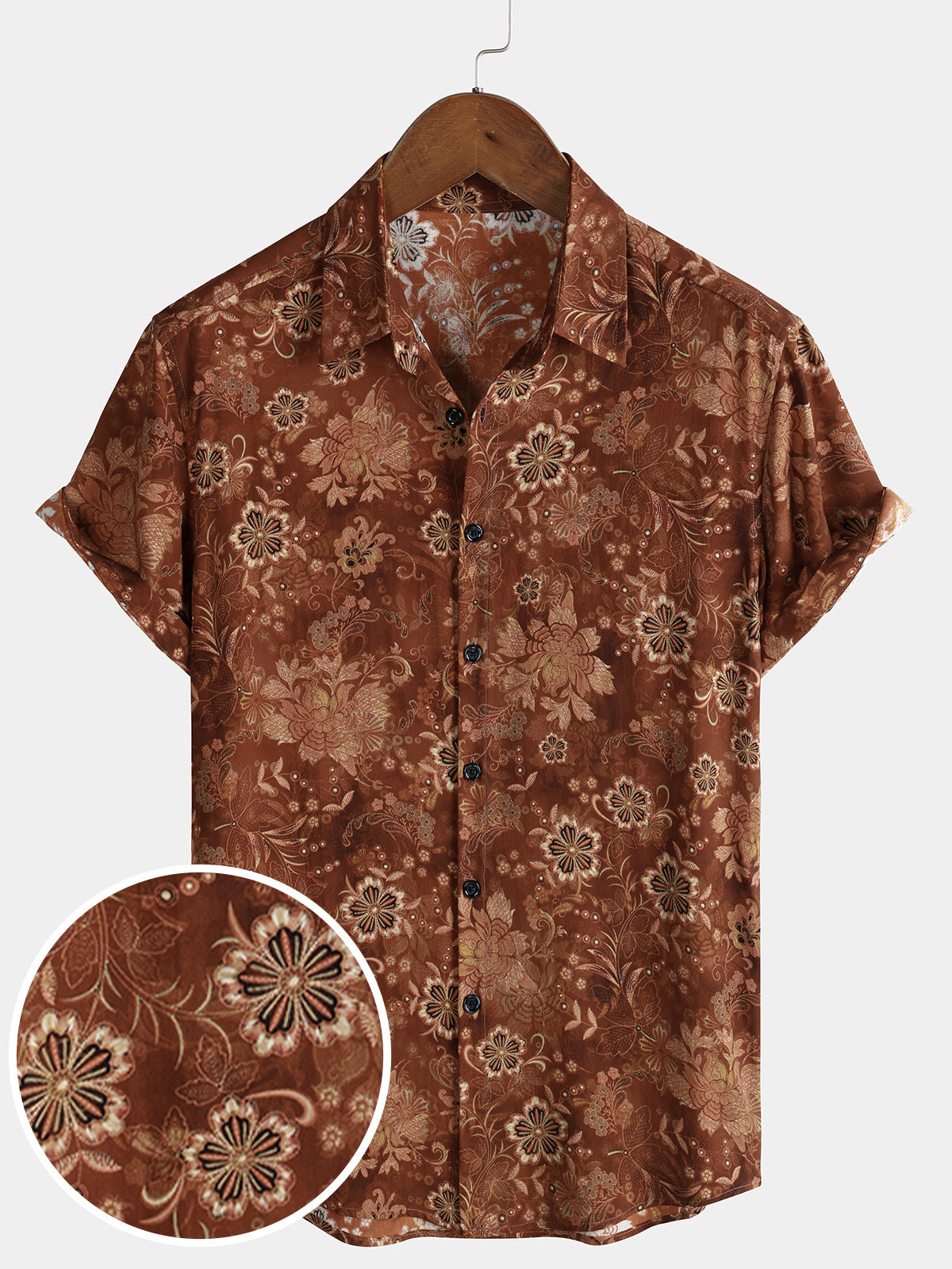 Herren Vintage Blumenmuster Urlaub Braun Kurzarmhemd