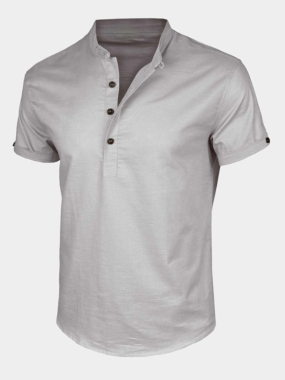 Herren Leinen Baumwolle Henley Kurzarmhemd mit Stehkragen