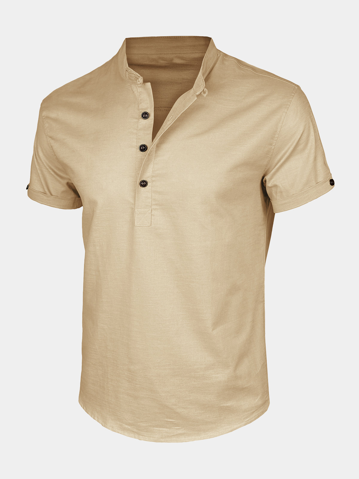 Herren Leinen Baumwolle Henley Kurzarmhemd mit Stehkragen