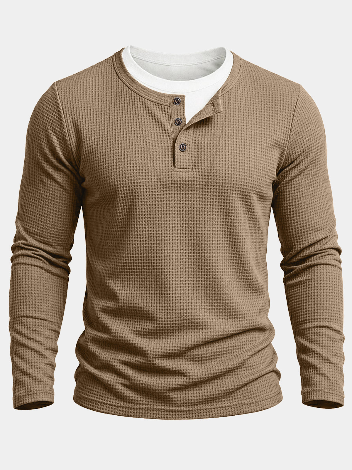 Herren Khaki Waffelstrick Optik Henley-Langarmshirt