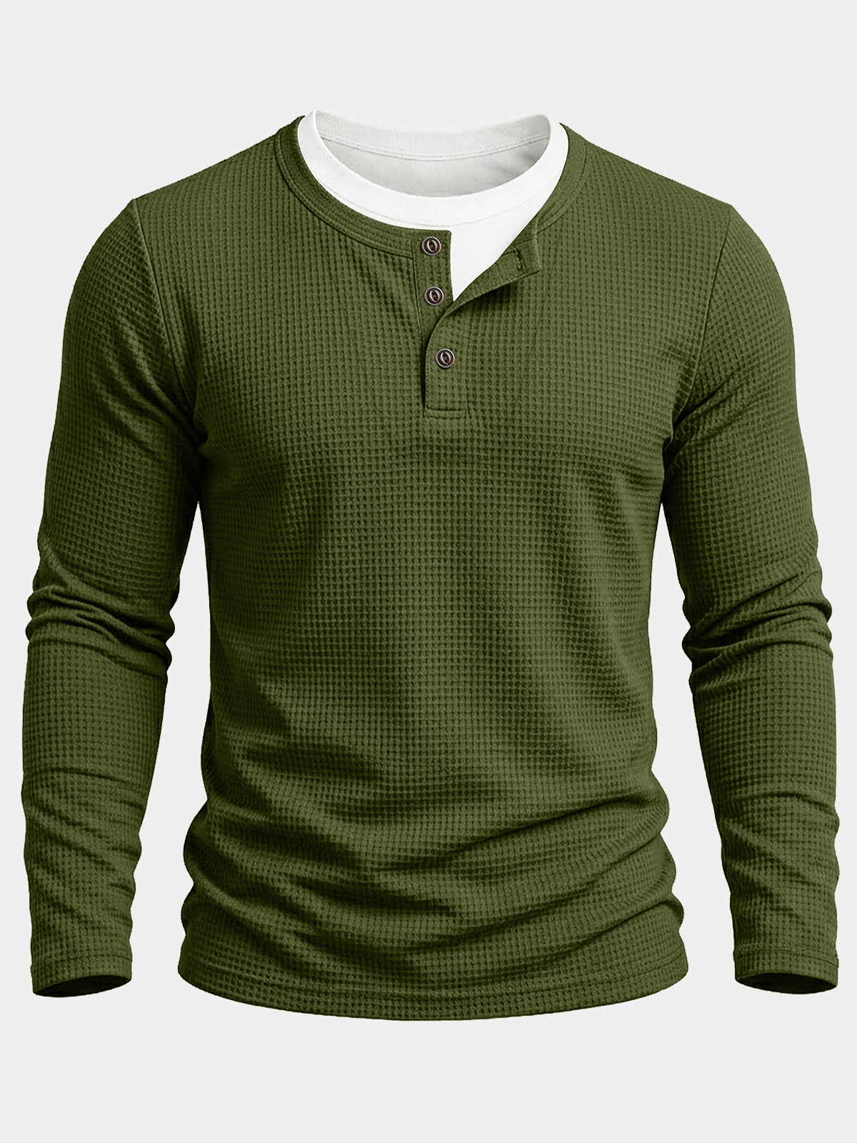 Herren Grün Waffelstrick Optik Henley-Langarmshirt