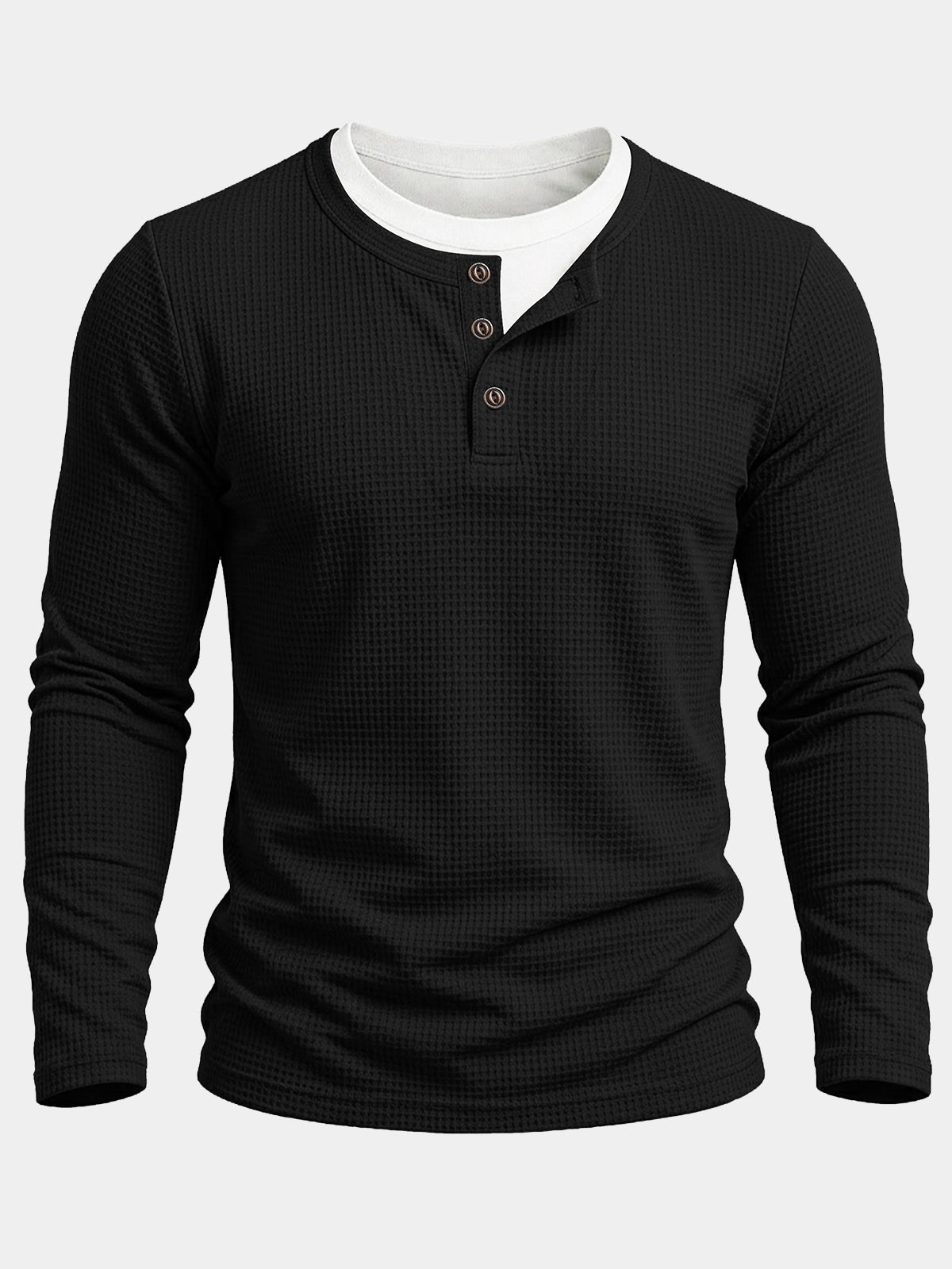 Herren Schwarz Waffelstrick Optik Henley-Langarmshirt