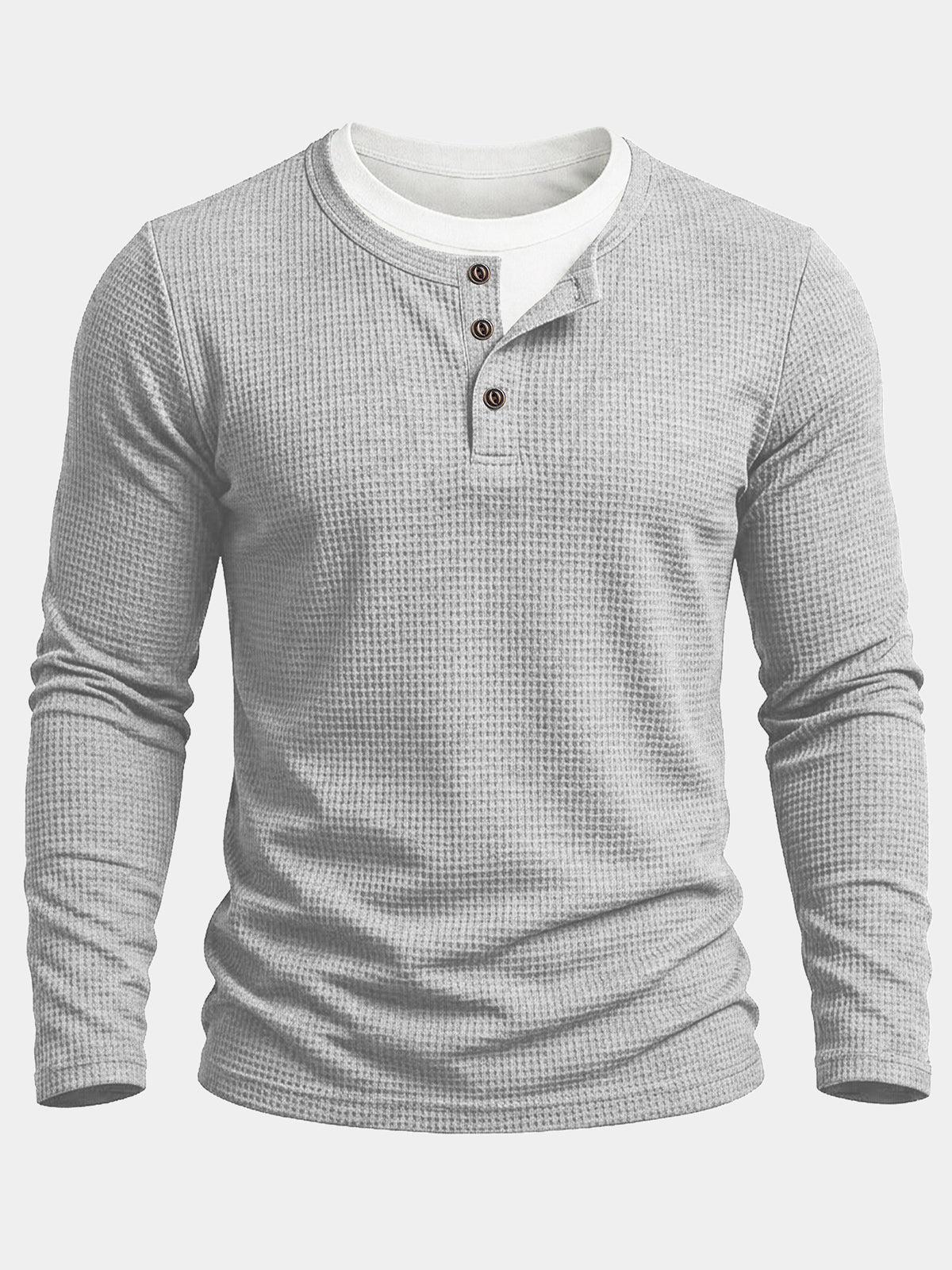 Herren Graues Waffelstrick Optik Henley-Langarmshirt