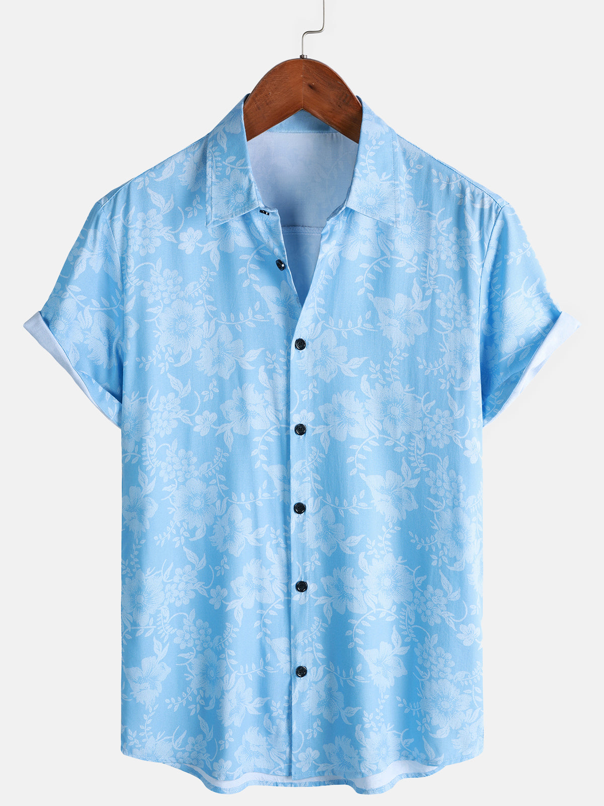 Herren Blaues Blumen Hawaii Rayon Kurzarmhemd