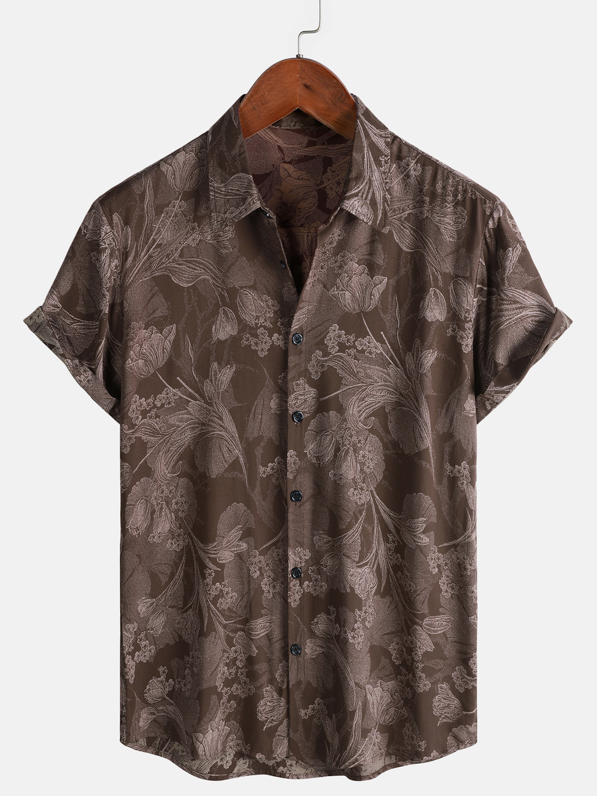 Herren Braunes Retro Blumen Rayon Kurzarmhemd