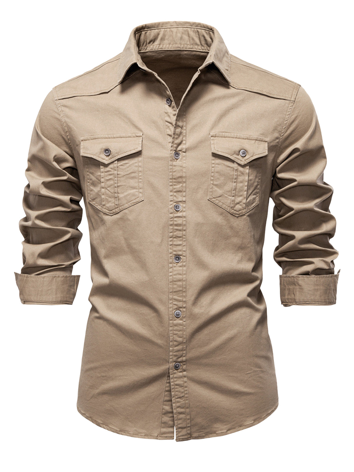 Herren Khaki Cargotaschen Baumwolle Langarmhemd