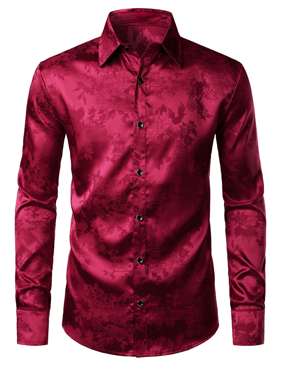 Herren Langärmliges Jacquard Hemd aus glänzendem Satin Rot – Ronain