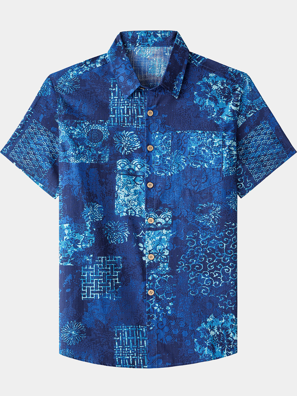 Herren Blaues Patchwork Kurzarmhemd Baumwolle