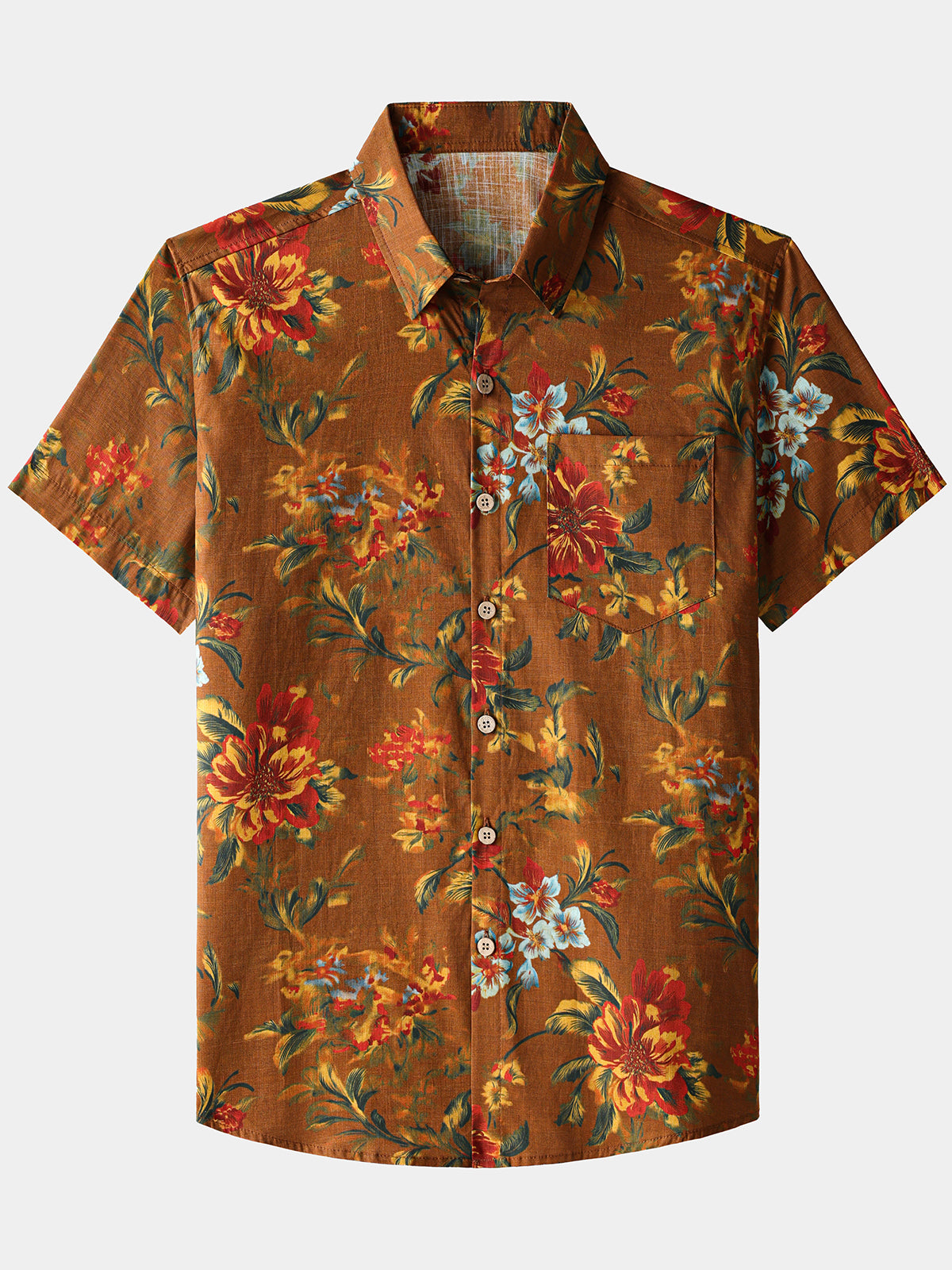 Herren Blumenmuster 100% Baumwolle Vintage-Hemd Braun