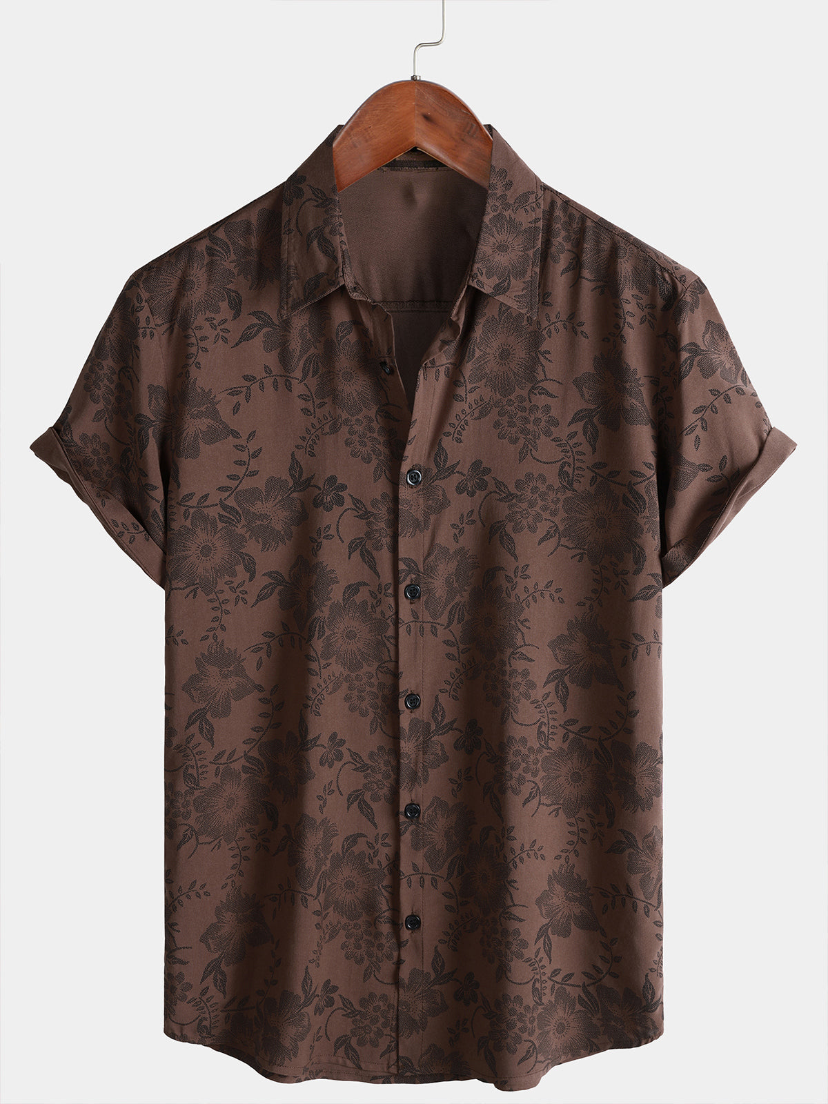 Herren Retro Blumenmuster Braun Hemd