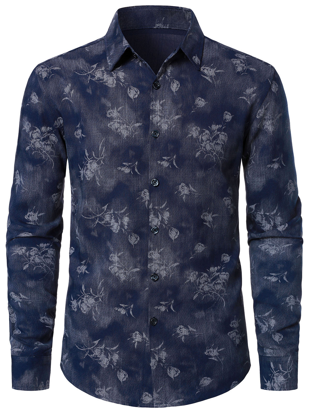 Herren Blau Vintage-Art-Blumenmuster Langarmhemd