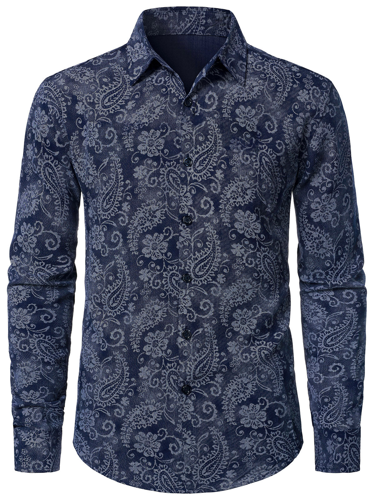 Herren Paisley-Blumenmuster Langarmhemd Blau