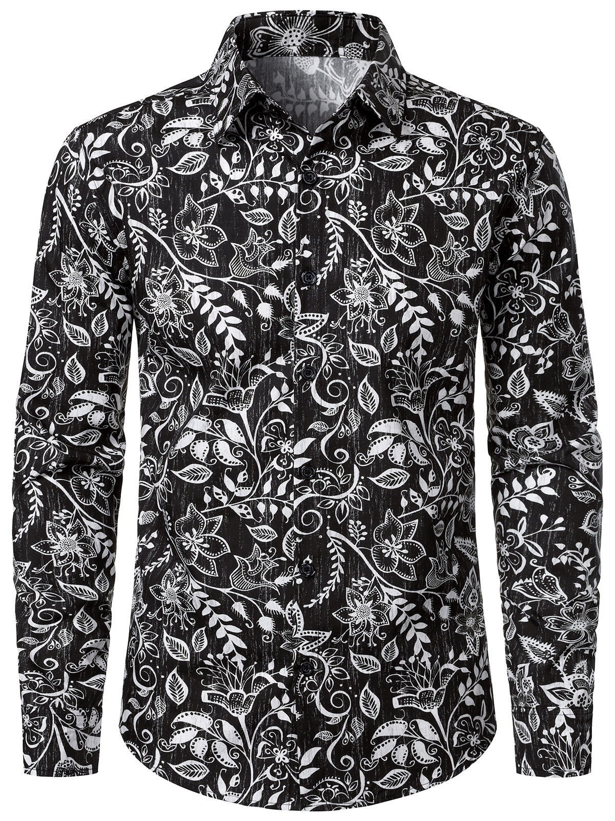 Herren Baumwolle Schwarz Blumenmuster Retro Langarmhemd