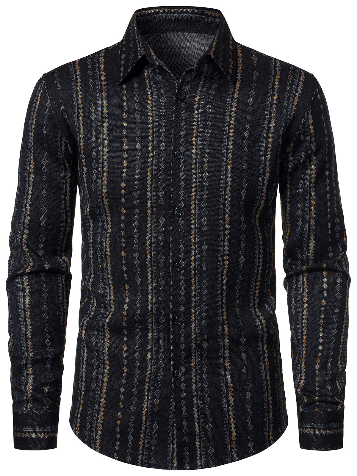 Herren Vintage Langarmhemd 70er Streifen Schwarz