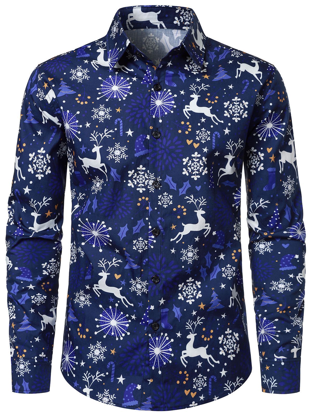 Herren Baumwollhemd in Marineblau mit Rentier- und Schneeflockenmotiv