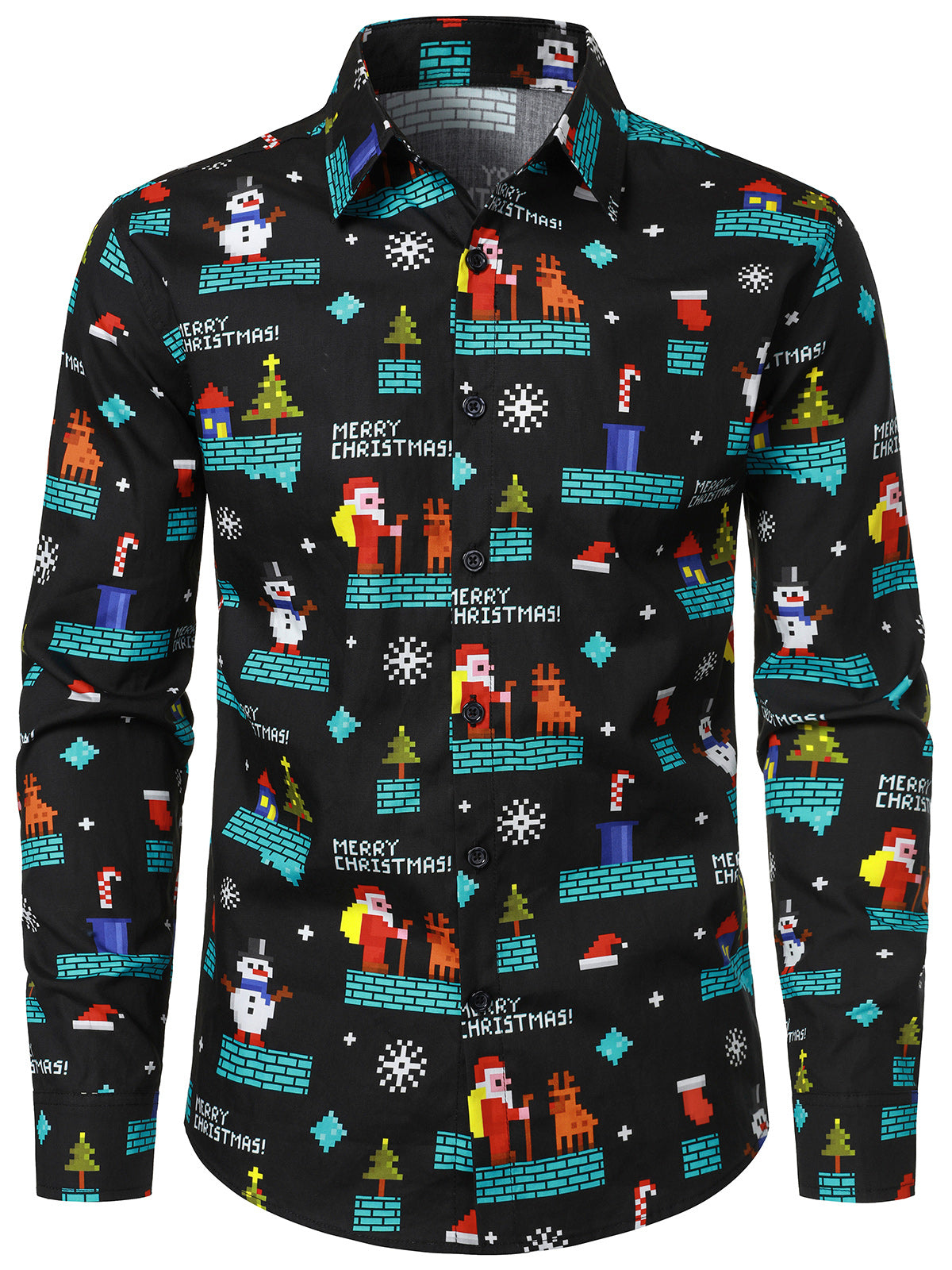 Herren Langarmshirt Baumwolle Weihnachtsmann Schwarz