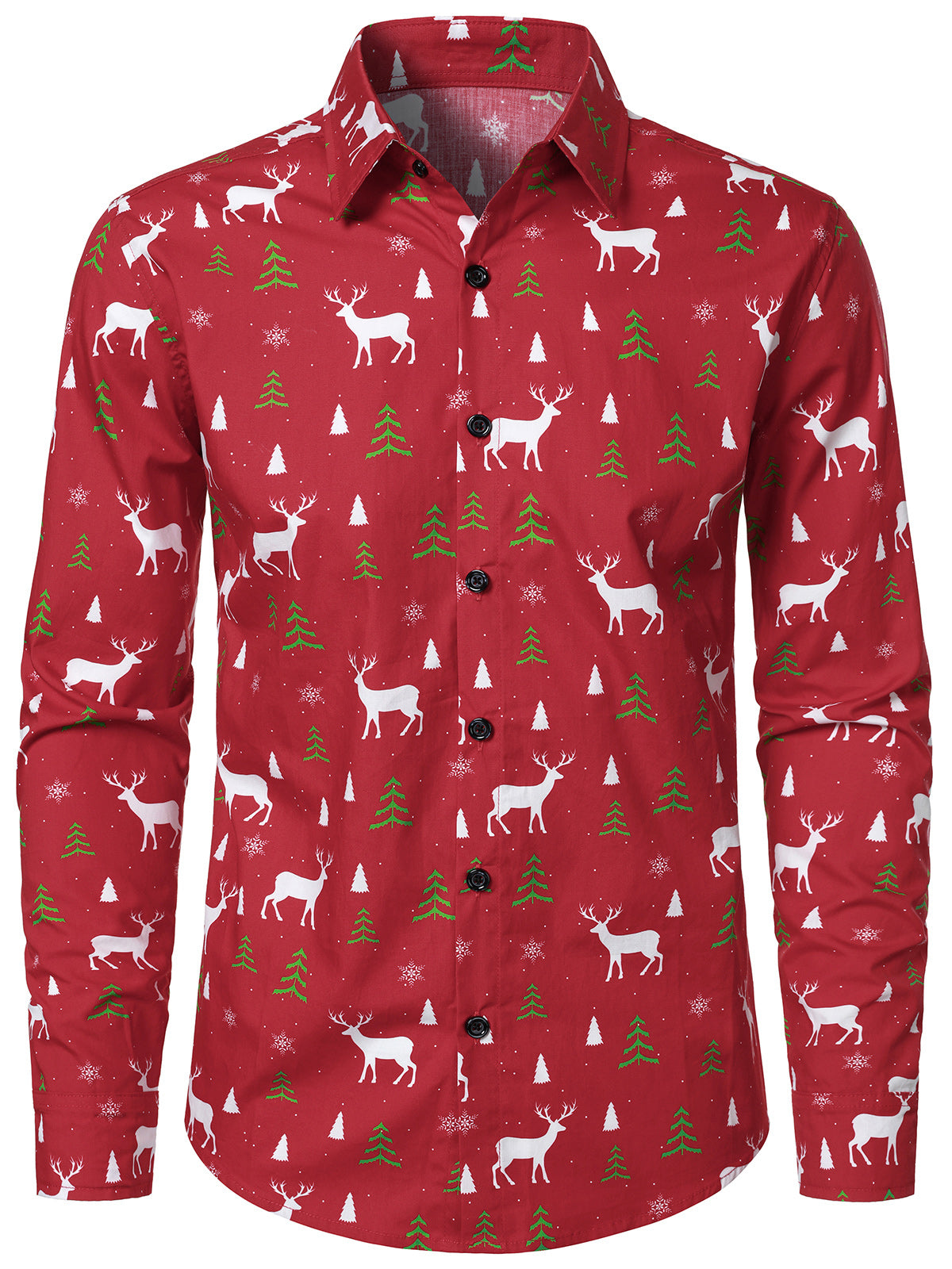 Herren Rentier- und Baum Motiv Langärmlig Weihnachtshemd Rot