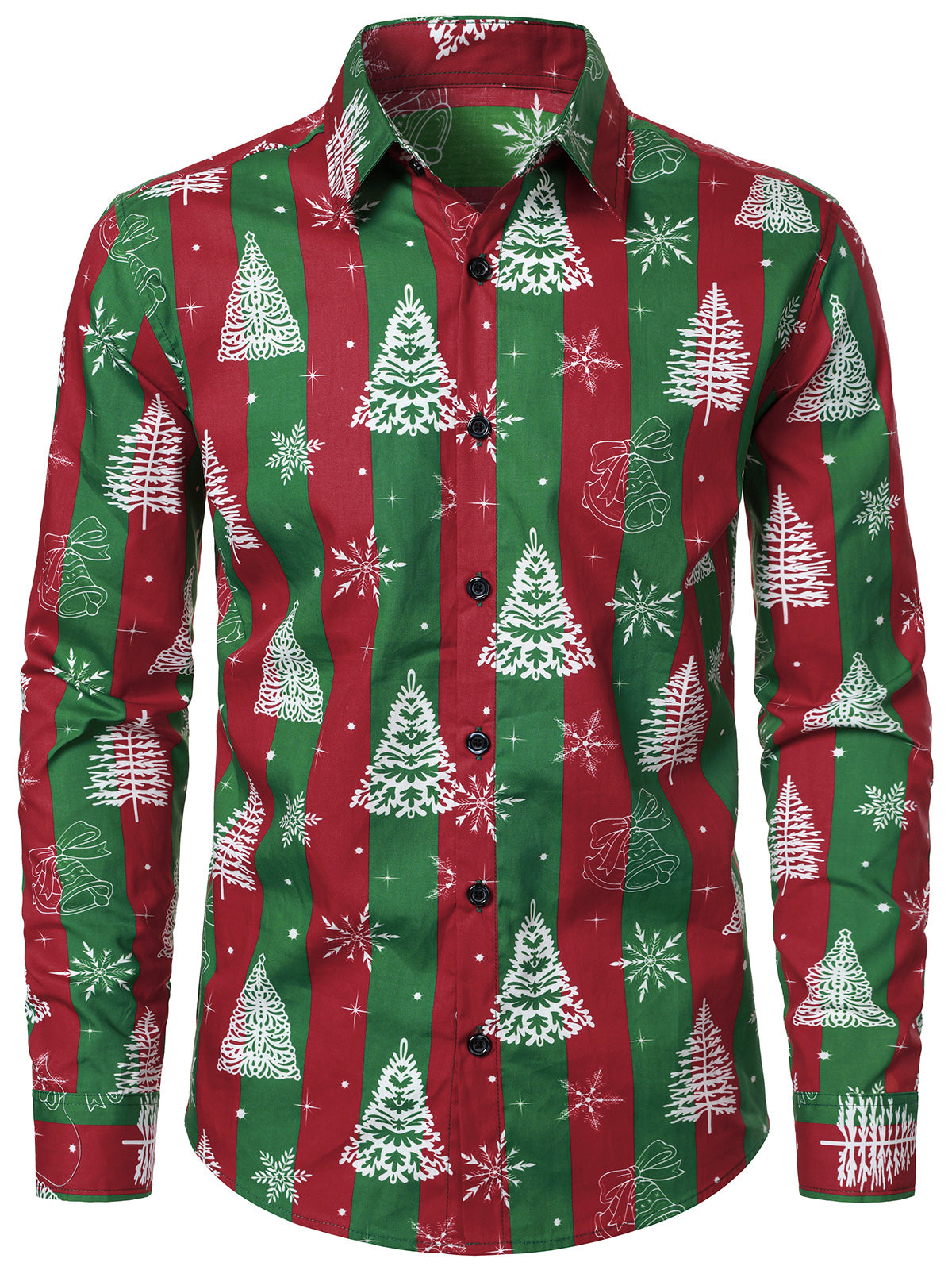 Herren Baumwolle Streifenmuster Weihnachtsbaum-Motiv Weihnachtshemd Grün