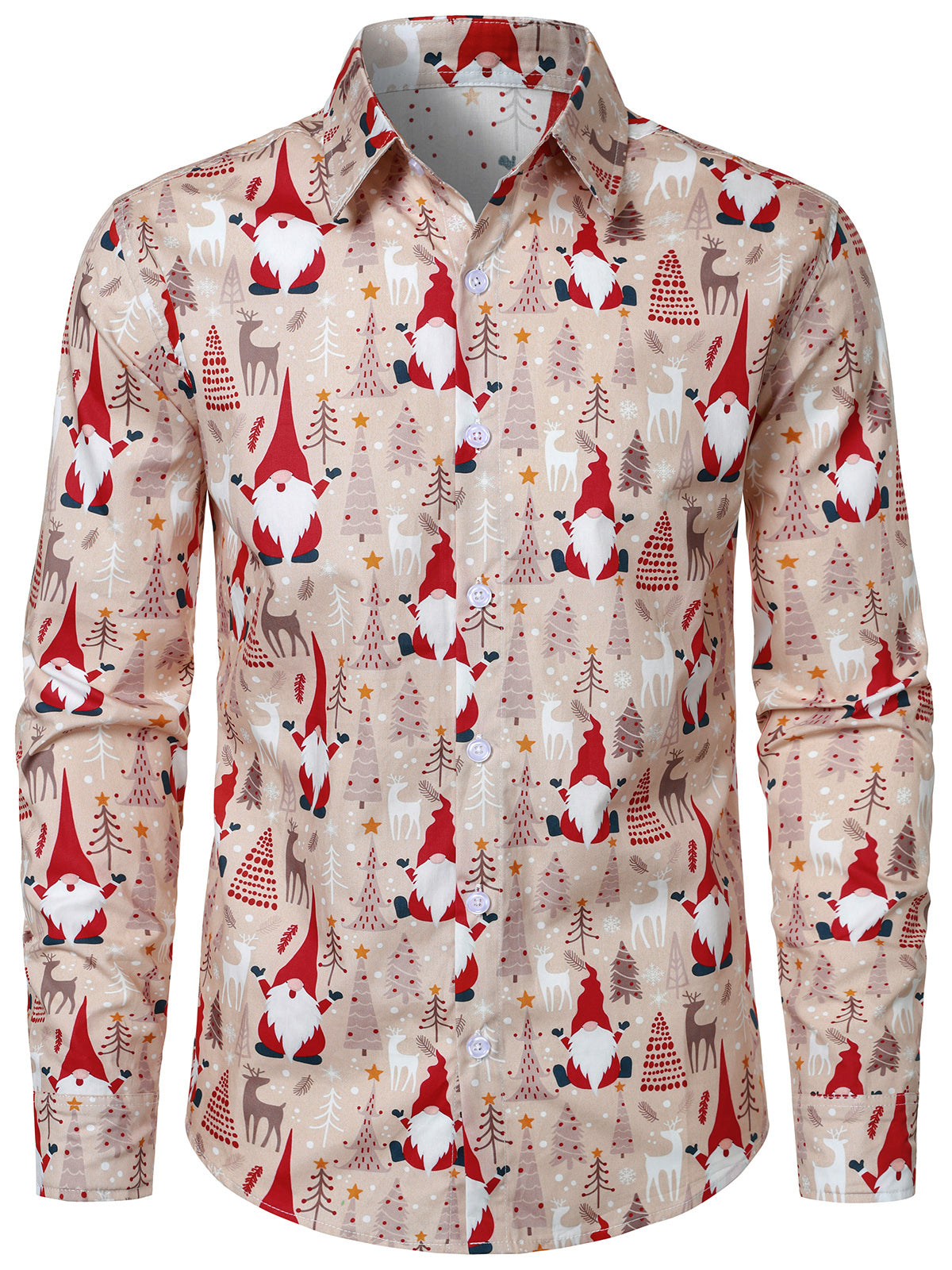 Herren Baumwolle Niedlich Wichtel Weihnachtshemd Beige