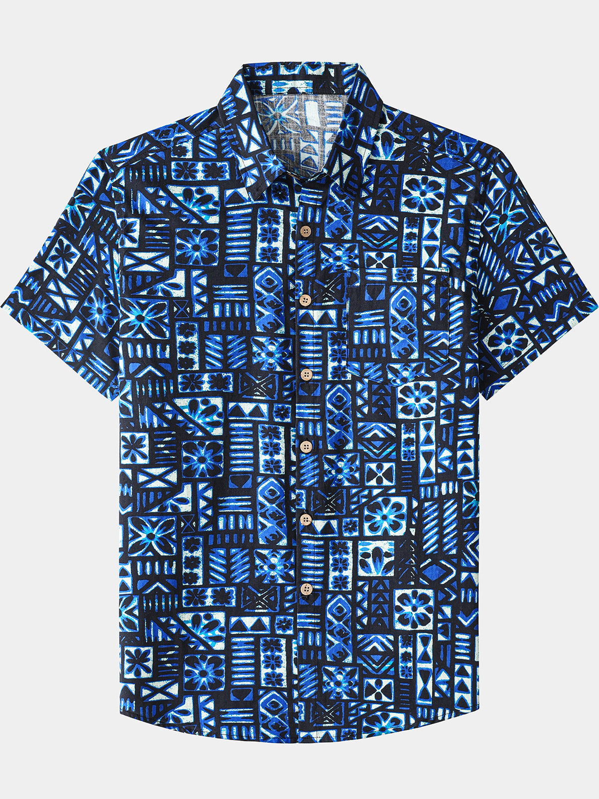 Herren Blau Schwarzes Geometrisches Kurzarmhemd Baumwolle