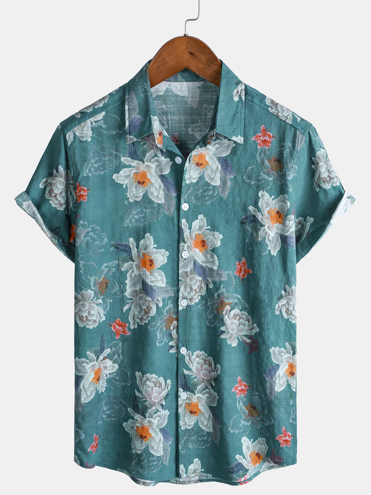 Herren Baumwolle Blaues Sommer-Kurzarmhemd mit Blumenmuster