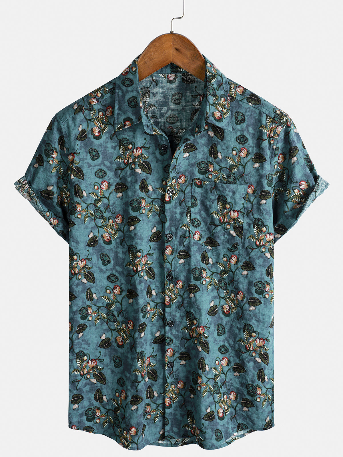 Herren Blaues Baumwolle Sommer-Kurzarmhemd mit Blumenmuster