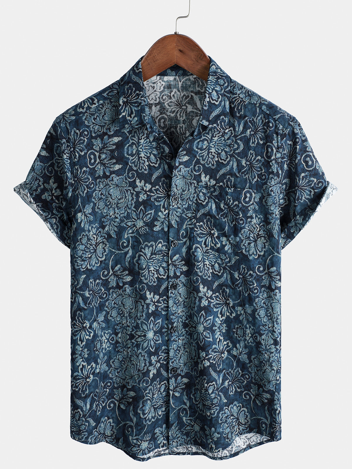 Herren Kurzärmliges Blumenmuster Baumwolle Hawaiihemd Blau