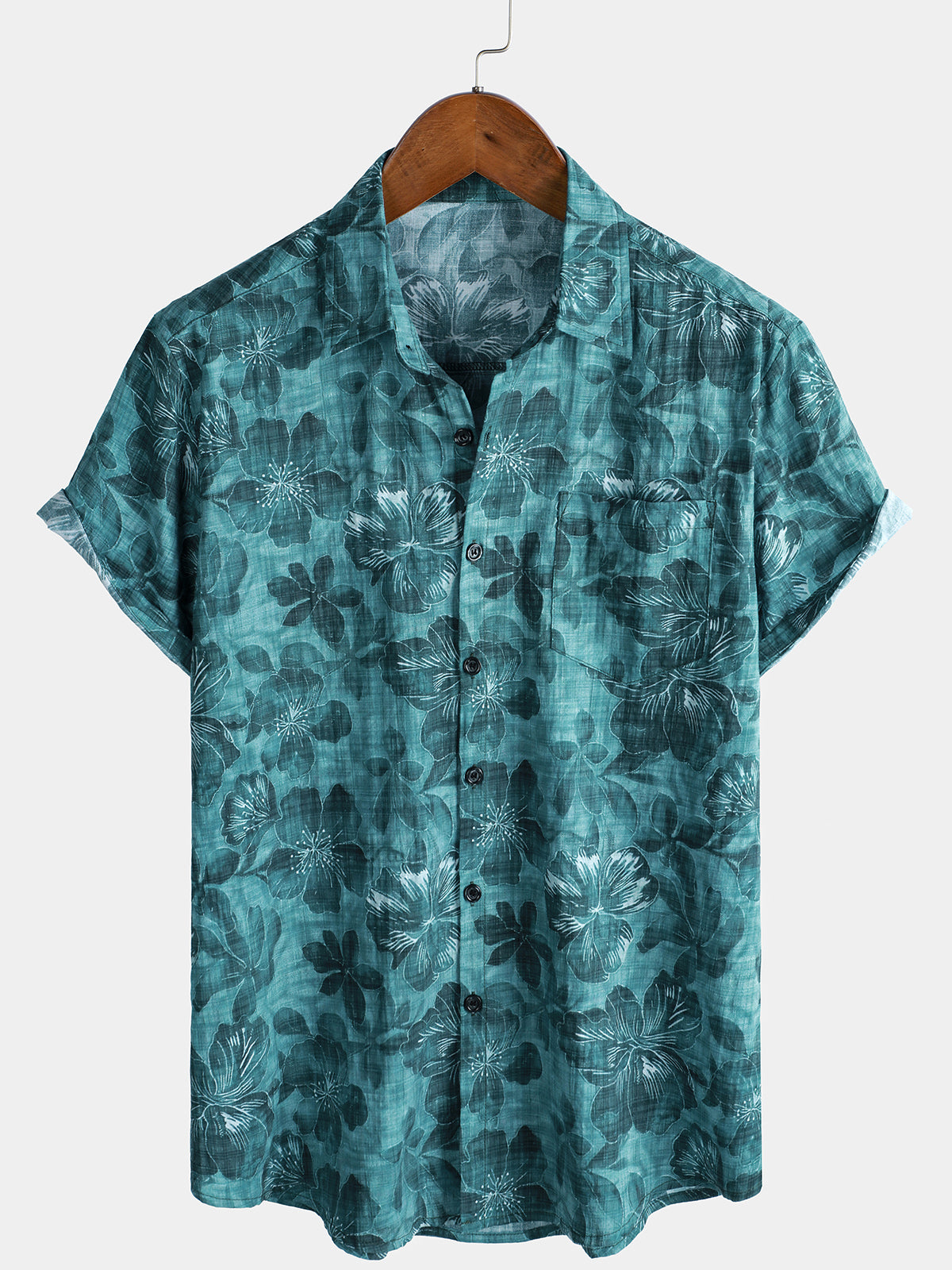Herren Blau Blumenmuster Baumwolle Kurzarm-Hawaiihemd
