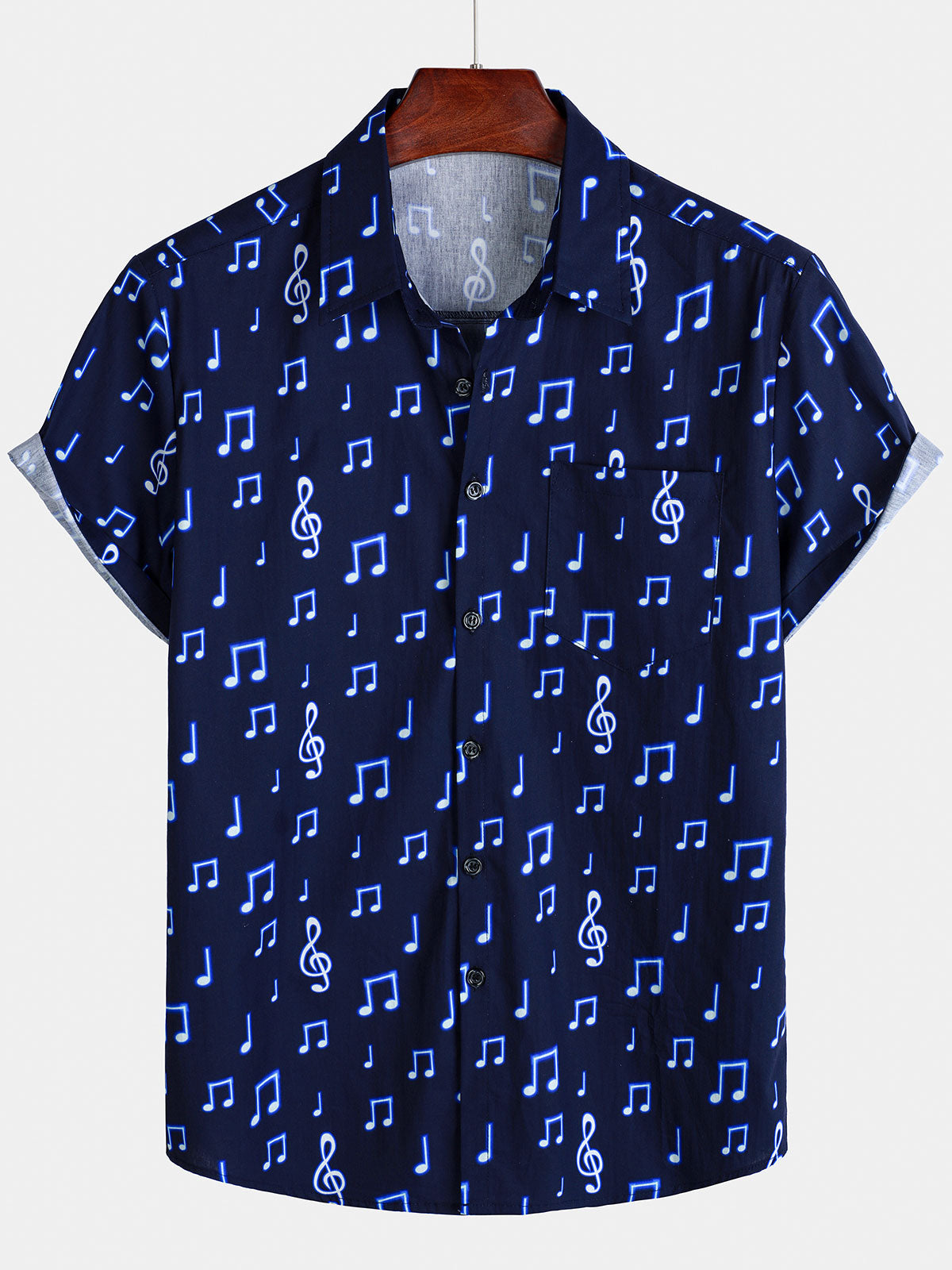 Herren Blau Kurzärmliges Hemd aus Baumwolle mit Musiknoten
