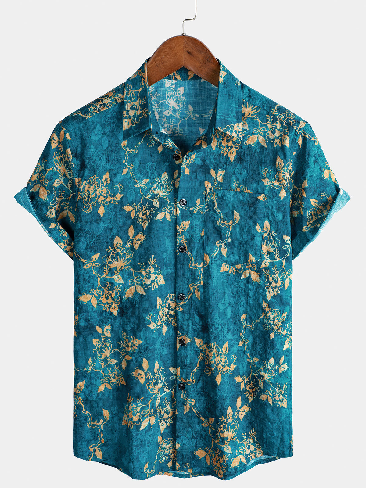 Herren Blumenmuster Sommer Kurzarm-Hawaiihemd Blau