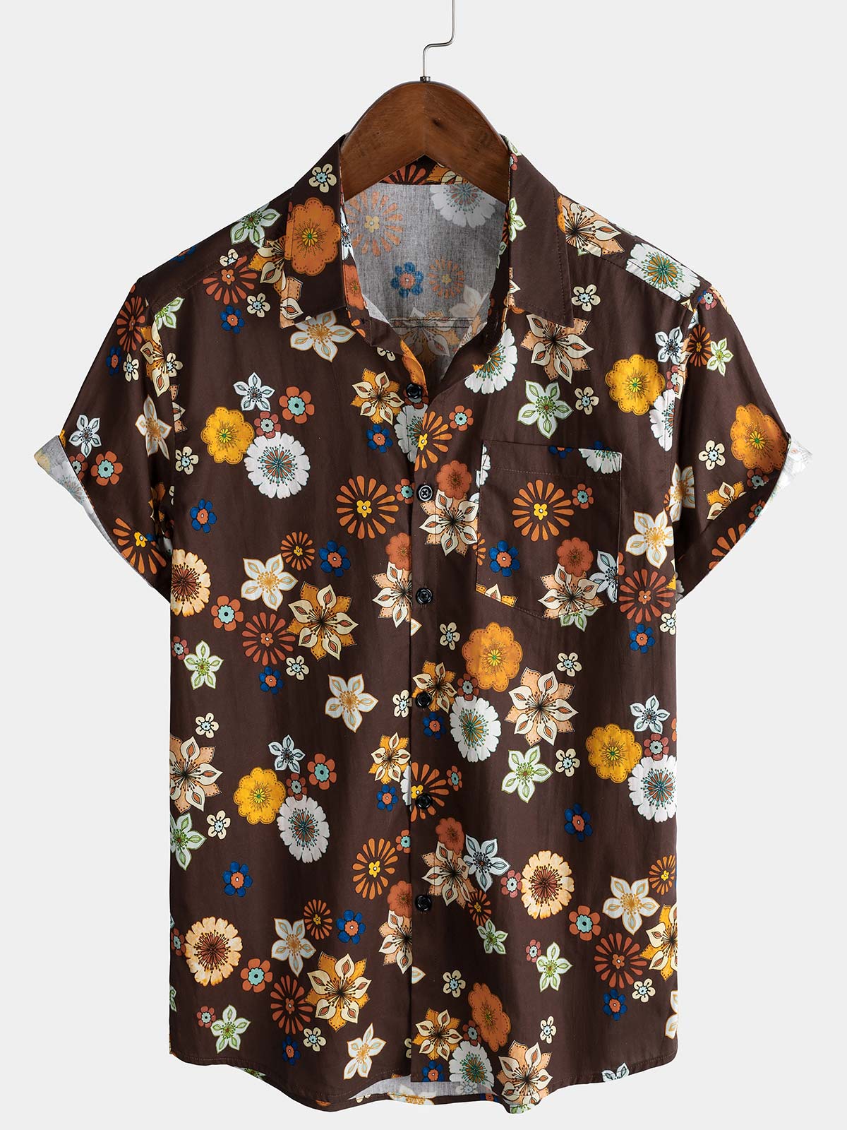 Herren Baumwolle Blumenmuster 70er-Jahre-Stil Kurzarmhemd