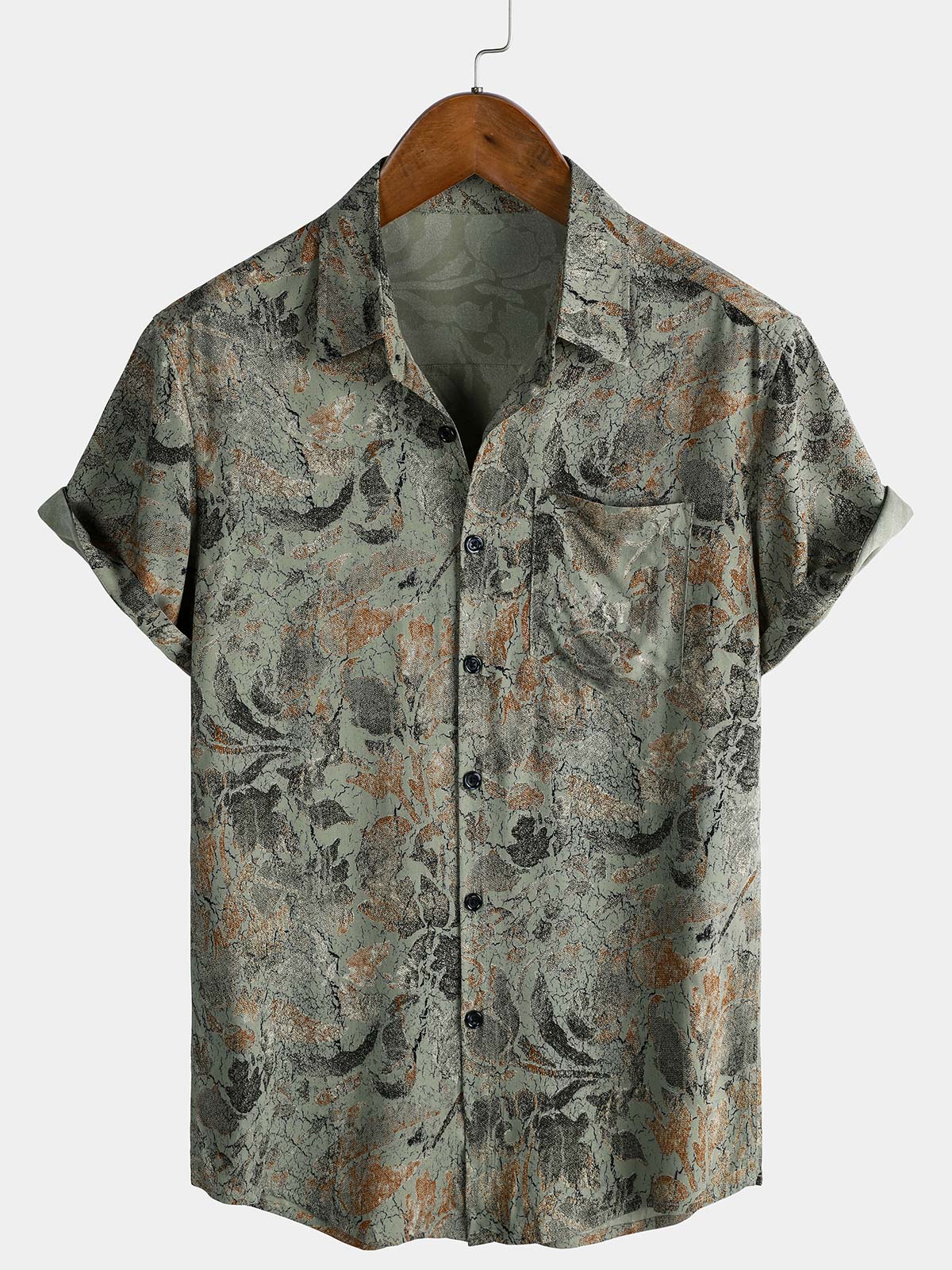 Herren Freizeit Kurzarm Retro Blumenmuster Hemd Grün