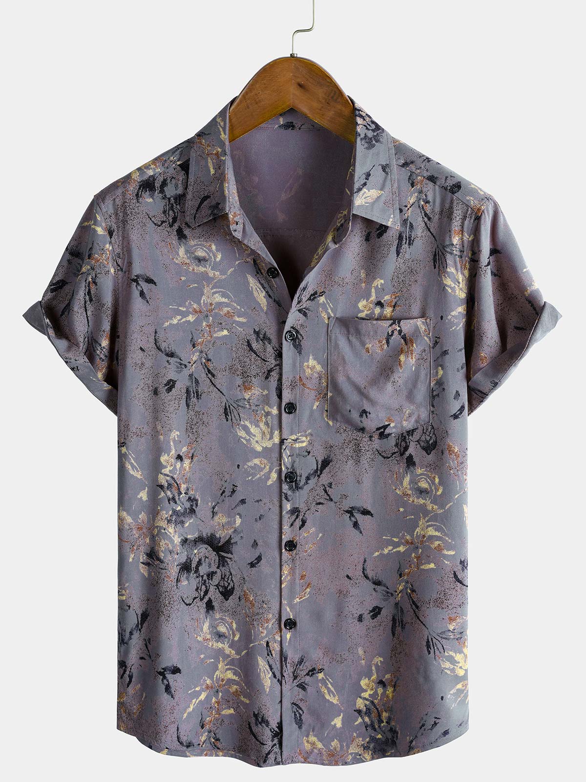 Herren Freizeit Kurzarm Retro Lila Blumenmuster Hemd