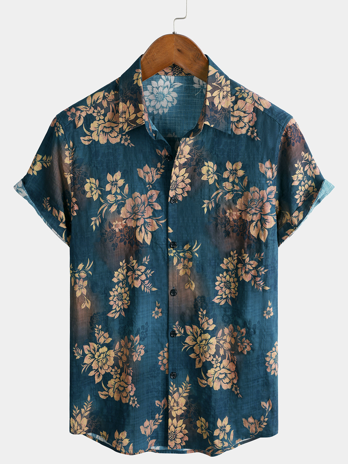 Herren Blau Baumwolle Blumenmuster Kurzarmhemd