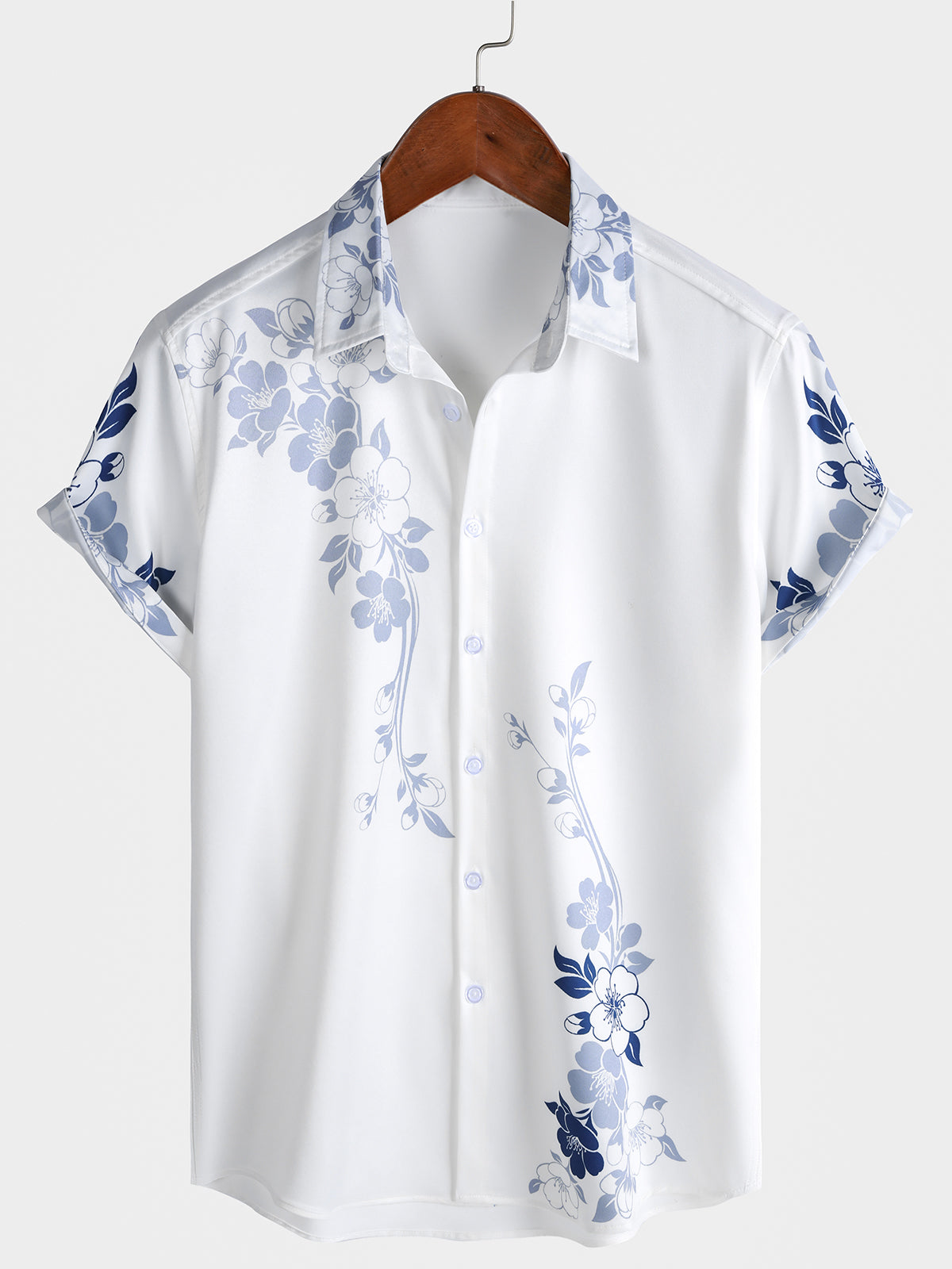 Herren Blumenmuster Hawaii-Stil Kurzarmhemd Blau