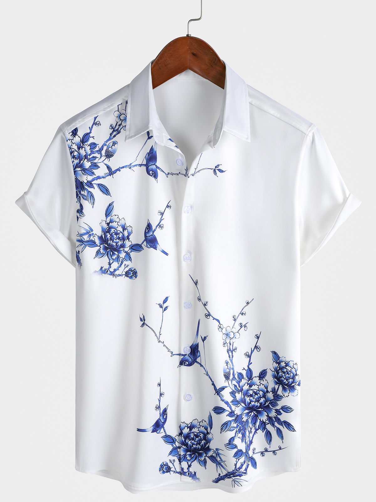 Herren Blauem Blumenmuster Hawaii-Stil Kurzarmhemd