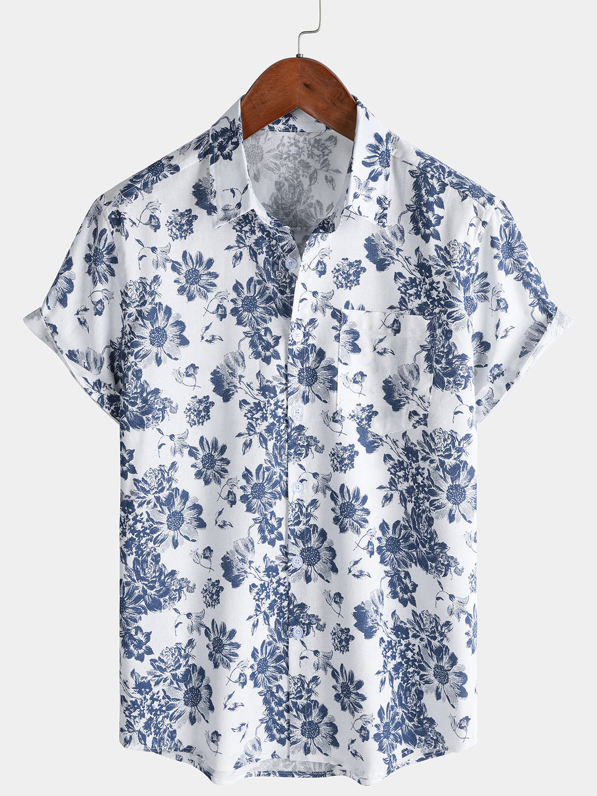Herren Blumenmuster Baumwoll-Leinen Sommerhemd Blau