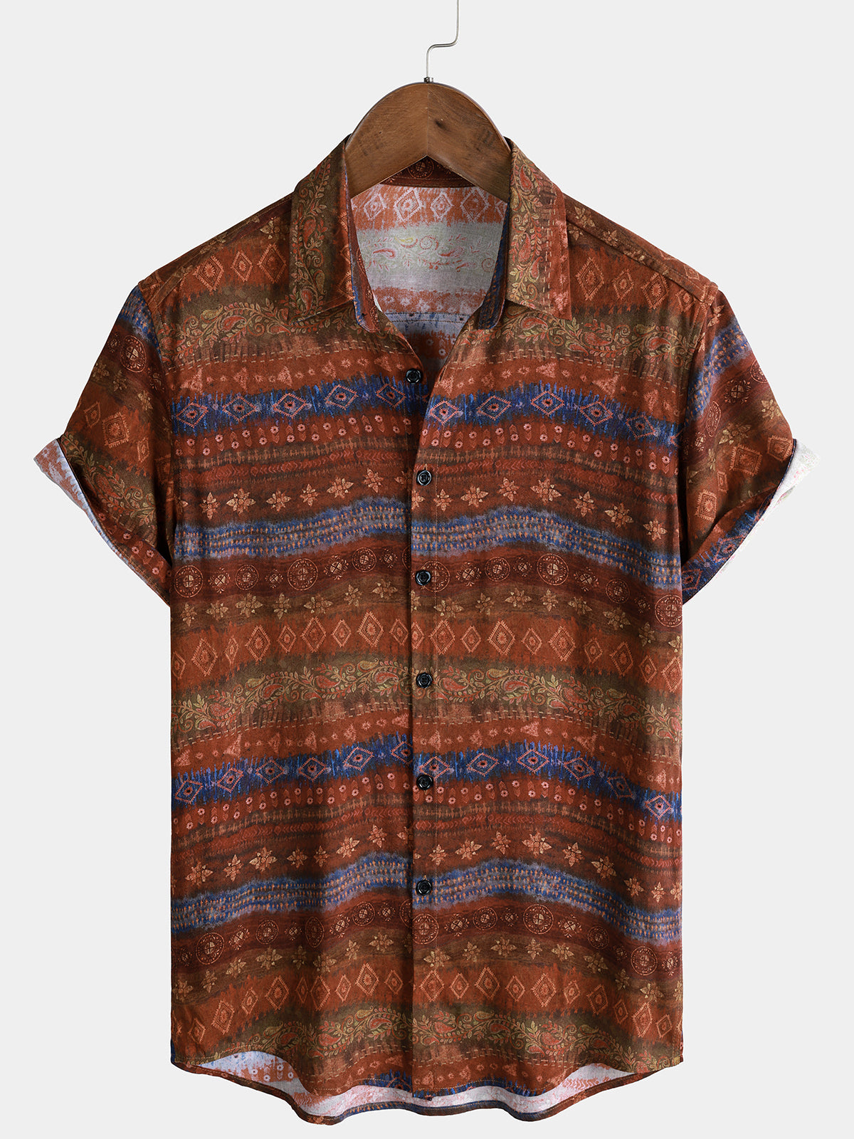 Herren Vintage Kurzarm Boho Stil Resort Hemd Braun