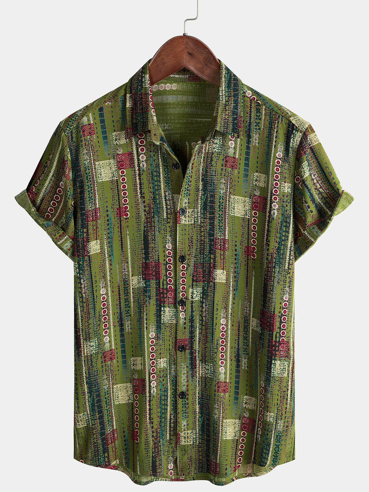 Herren Grün Retro Geometrisches Muster Urlaub Hemd