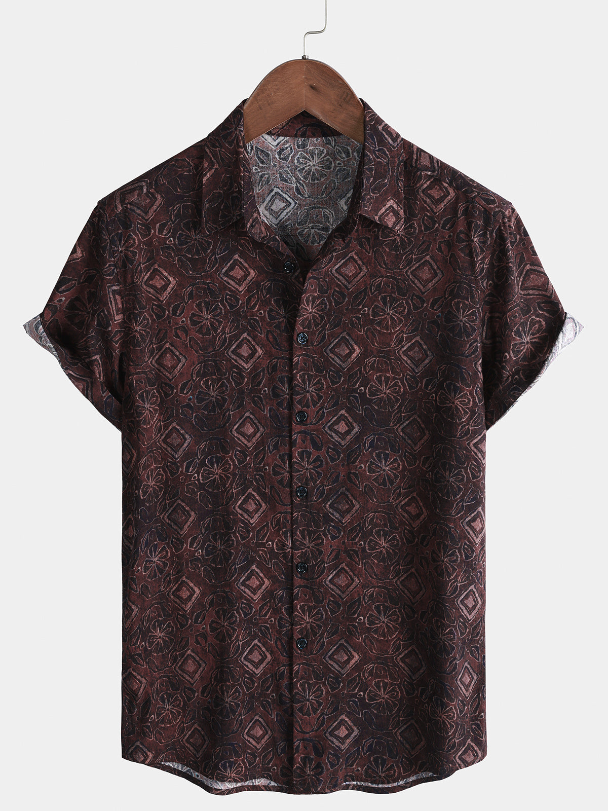 Herren Braun Blumen Geometrisch Vintage Hawaiihemd
