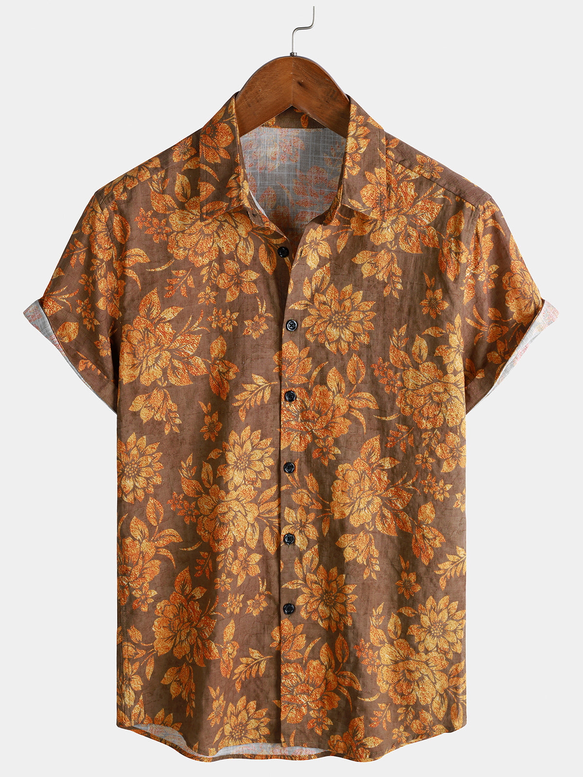 Herren Retro-Blumenmuster Vintage-Hawaiihemd Braunem