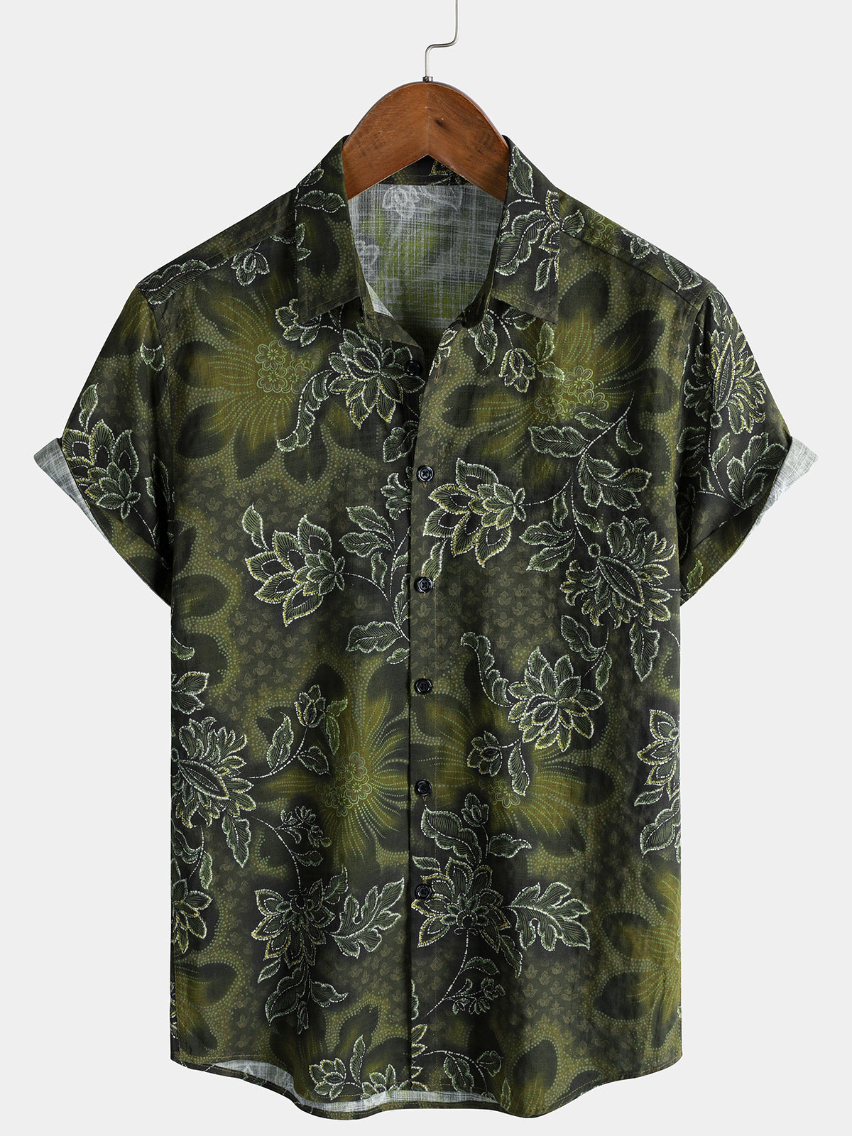 Herren Grünes Blumenmuster Kurzen Ärmeln Vintage-Hawaiihemd