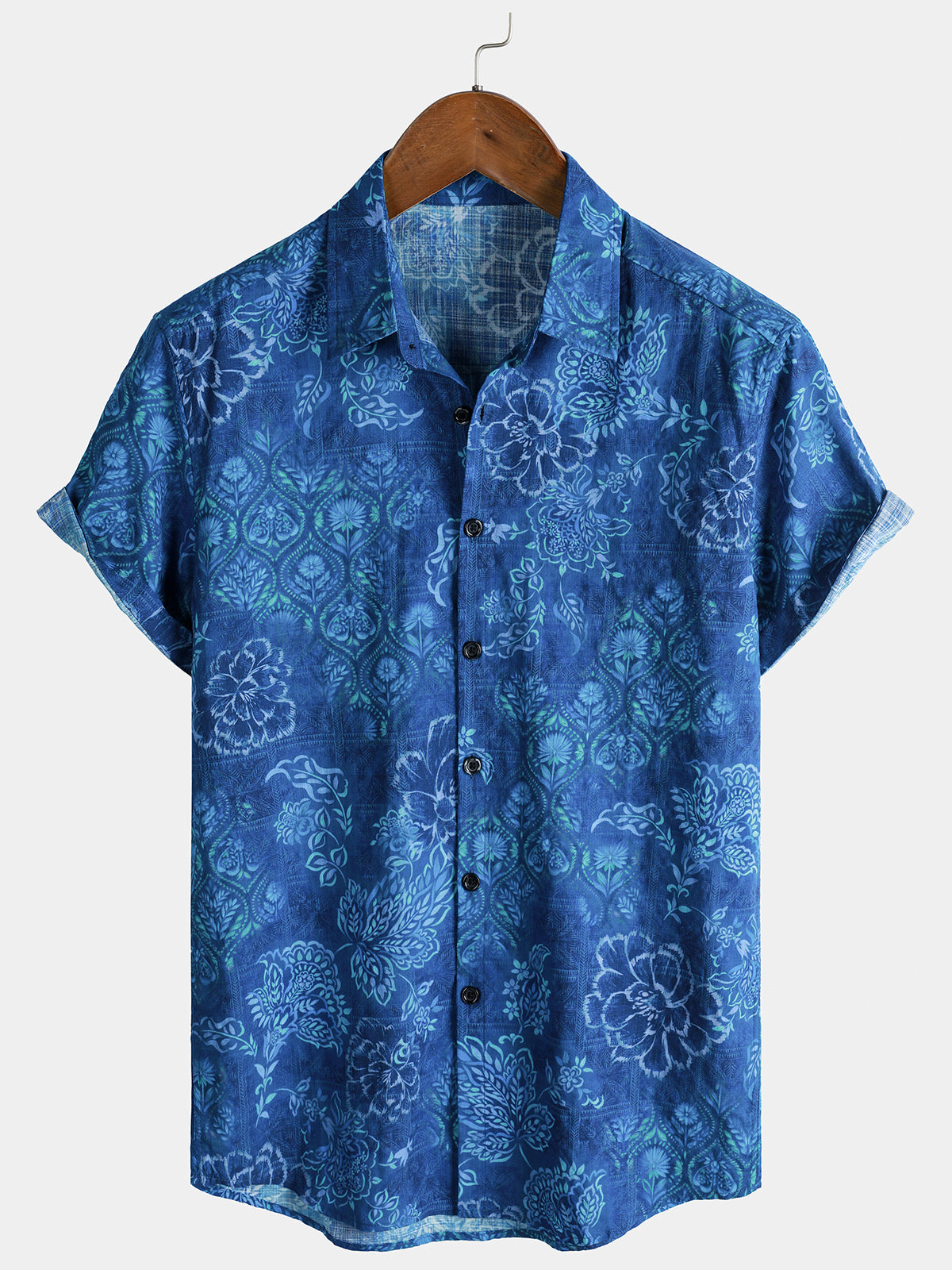 Herren Blauem Blumenmuster Baumwolle Hawaiihemd