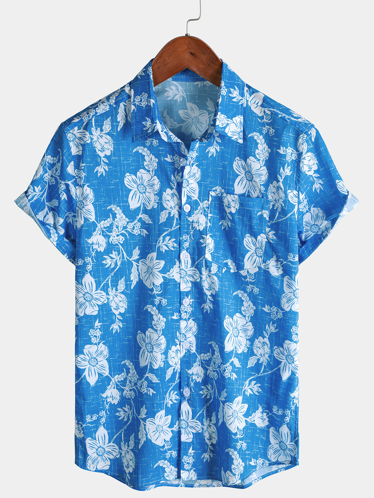 Herren Blumenmuster Kurzärmelig Blau Hawaiihemd