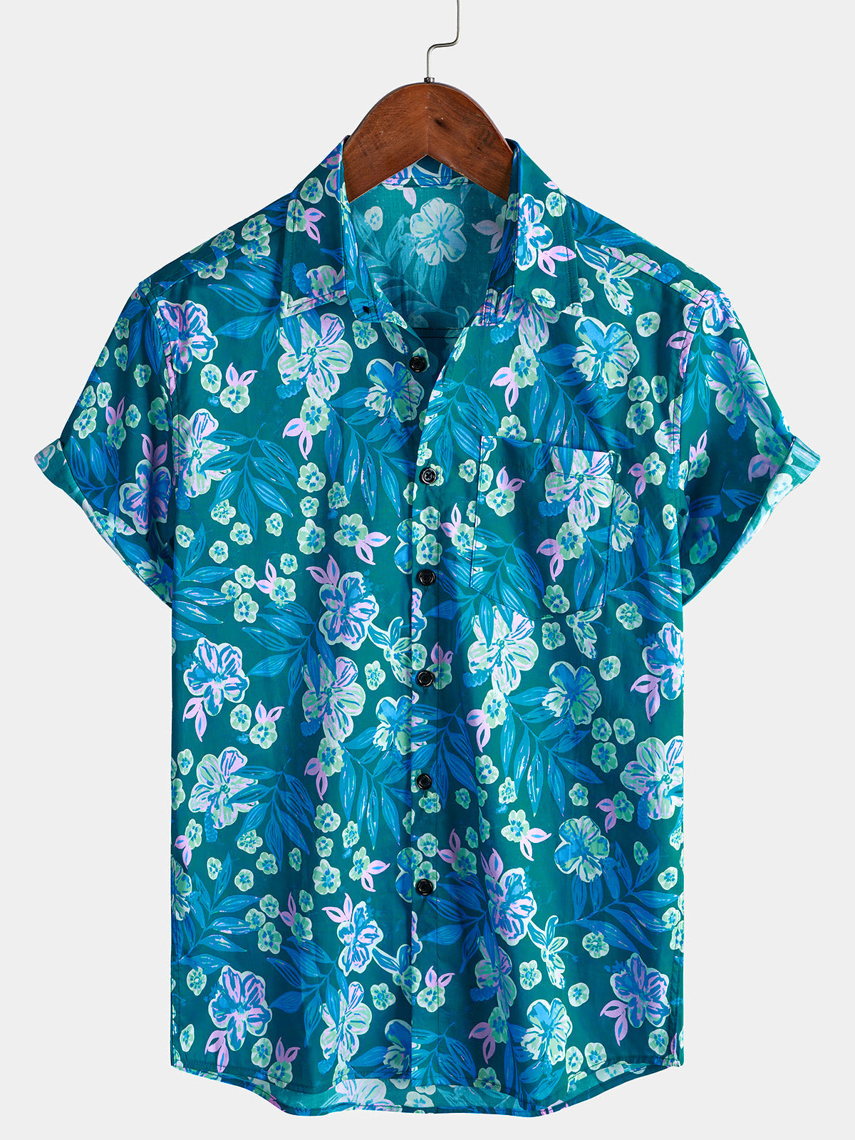 Herren Blaues Blumen Baumwolle Kurzarmhemd Hawaii